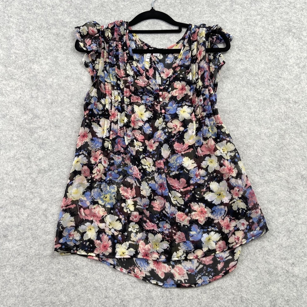ELLE Blouse Womens Small Multicolor Floral Ruffle Flutter Sleeve Tunic Top